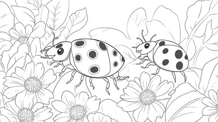Two ladybugs on flowers, coloring book illustration