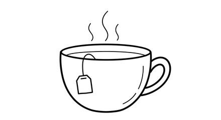 Simple Steaming Hot Tea Cup with Tea Bag in Minimalist Line Art Style