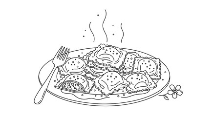 Steaming Plate of Fresh Fried Eggs with Vegetables and Herbs in Line Art Style