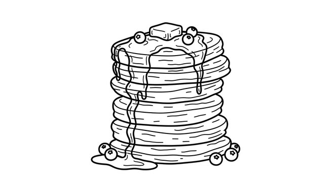 Stack of Pancakes with Syrup and Berries in Black and White Line Drawing