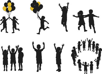 Children silhouette playing with balloons, jumping, running, holding hands in group, joyful kids activity, black and yellow vector illustration art