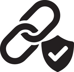 Blockchain chain links with checkmark silhouette, verified network concept vector EPS icon.