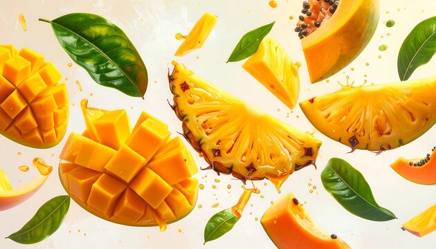 Flying tropical fruit mix with pineapple, mango, and papaya slices mid-air, juice splash