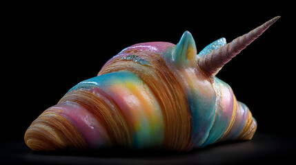 Rainbow croissant unicorn, glowing croissant with unicorn horn and rainbow icing swirls