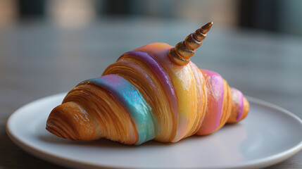 Rainbow croissant unicorn, glowing croissant with unicorn horn and rainbow icing swirls