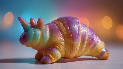 Rainbow croissant unicorn, glowing croissant with unicorn horn and rainbow icing swirls