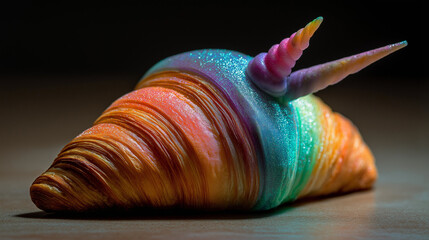 Rainbow croissant unicorn, glowing croissant with unicorn horn and rainbow icing swirls