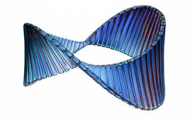 A complex structure resembling a twisted Mobius strip with sleek, metallic edges. The reflective surface features gradients of blue and hints of orange.AI generated.