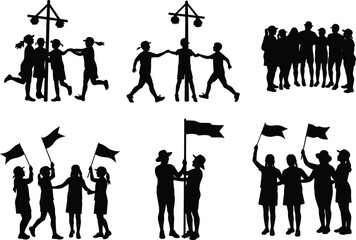 Obraz premium Children celebrating with flags and dancing around festive poles in silhouette style for cultural events, parades, and joyful gatherings