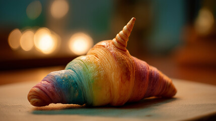 Rainbow croissant unicorn, glowing croissant with unicorn horn and rainbow icing swirls