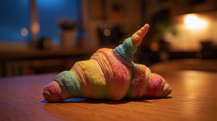 Rainbow croissant unicorn, glowing croissant with unicorn horn and rainbow icing swirls