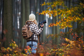Woman with camera is photographing forest during autumn hiking. Adventure in nature
