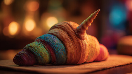 Rainbow croissant unicorn, glowing croissant with unicorn horn and rainbow icing swirls