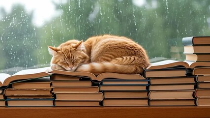 Orange cat sleeping on book stack in front of rainy window while a virtual head with binary code appears, footage - Powered by Adobe