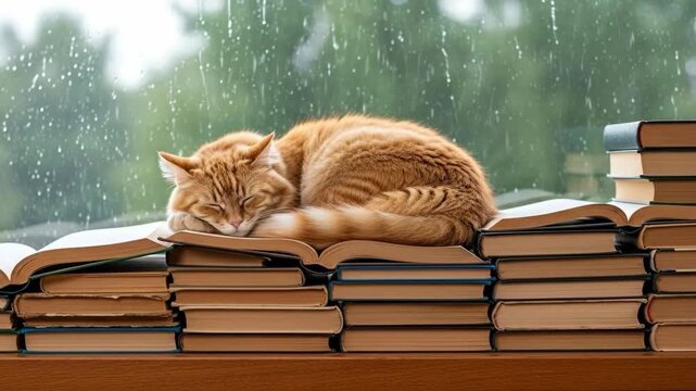 Orange cat sleeping on book stack in front of rainy window while a virtual head with binary code appears, footage