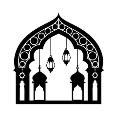 Islamic mosque archway silhouette with decorative hanging lanterns vector illustration