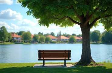 Fototapeta premium Bench sits by a lake in sunny suburbia. Tree shades park bench near calm water. Lush plants, blue sky and houses provide peaceful views. Relaxation and escape concept.