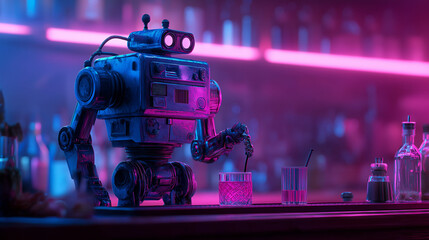 Robot bartender neon lights, sleek android bartender glowing in bar booth, soft tech glow