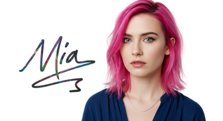 Young woman with vibrant pink hair and a serious expression.