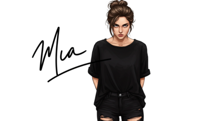 Young Woman with Messy Bun and Black Tshirt.