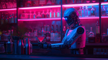 Robot bartender neon lights, sleek android bartender glowing in bar booth, soft tech glow