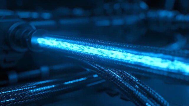 Close-up of intertwined cables emitting bright blue light within a dark setting. The composition emphasizes texture and luminous details