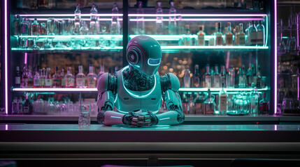 Robot bartender neon lights, sleek android bartender glowing in bar booth, soft tech glow