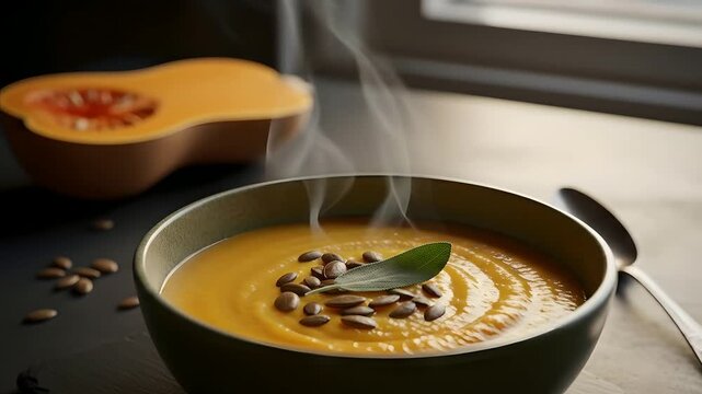 Butternut squash soup steams with pumpkin seeds and sage. Healthy fall comfort food. Thanksgiving, autumn harvest, food blog, menu promotion, recipe demonstration, restaurant marketing.