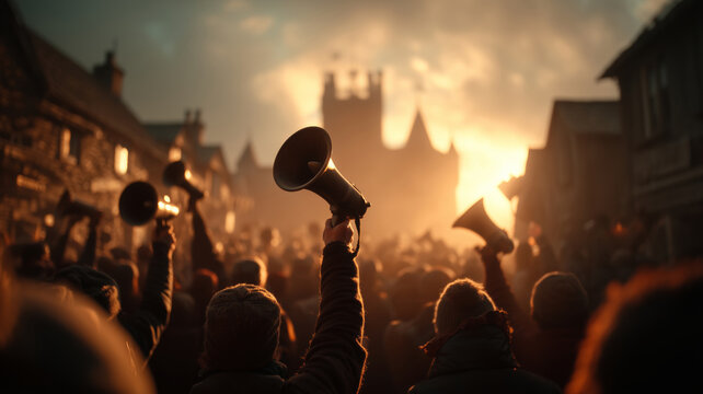 Majestic kurent celebration with bells under a vibrant sunset sky