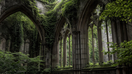 Ruined cathedral with vines, vines wrapping around tall stone pillars in dim light
