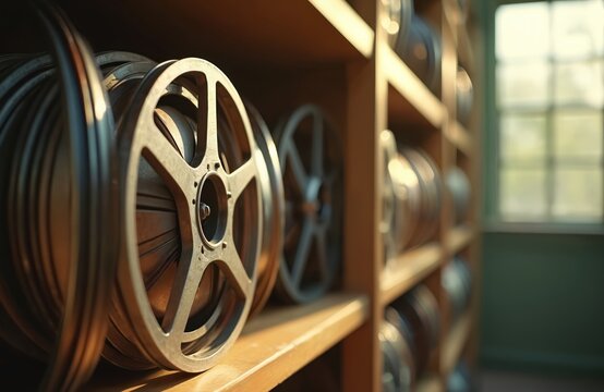 Old metal film reels sit on wooden shelves in a room. Sunlight streams through a window, illuminating dusty movie archives filled with cinema history.