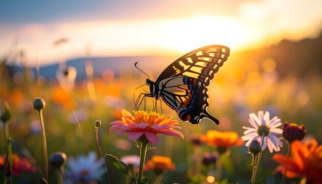 Butterfly on flower meadow at sunset