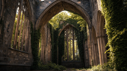 Ruined cathedral with vines, vines wrapping around tall stone pillars in dim light