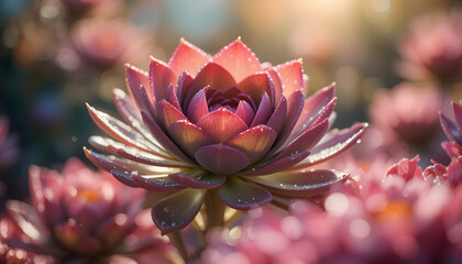 Vibrant succulent bloom with magenta petals dew droplets and glossy green foliage