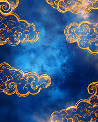 Golden Clouds in Azure Sky: An artistic rendering of elegant golden clouds gracefully set against a deep azure canvas, creating a sense of ethereal beauty and timeless serenity.