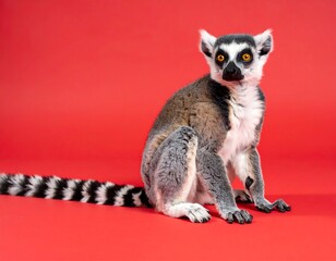 Obraz premium Ring-tailed primate sits gracefully against a vibrant red background