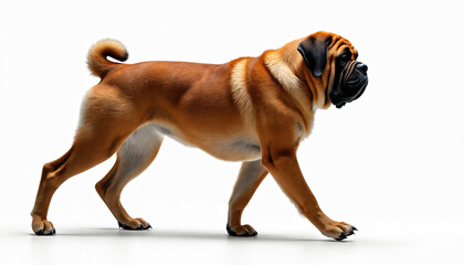Obraz premium Majestic mastiff dog strides confidently across white background. Powerful canine showcases breed characteristics. Portrait captures strong animal profile and highlights its impressive physique.