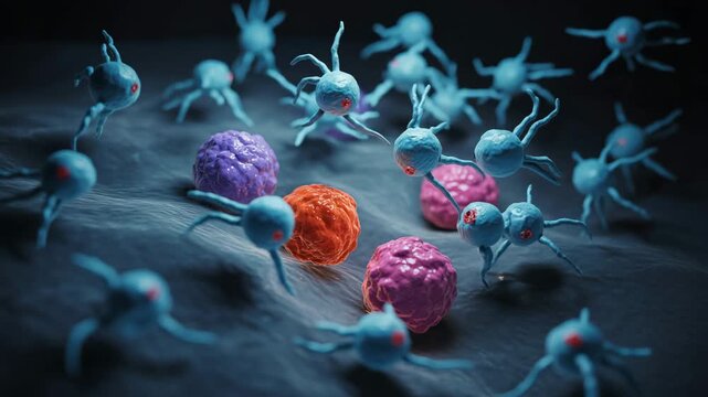 Microscopic visualization of blue immune cells surrounding and targeting colorful pathogenic or cancerous cells.