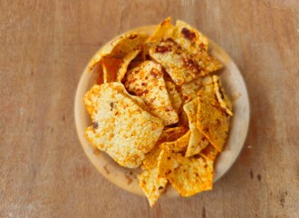corn tortilla chips tKerupuk or Krupuk Opak balado or Spicy Opak cracker is Indonesian traditional...
