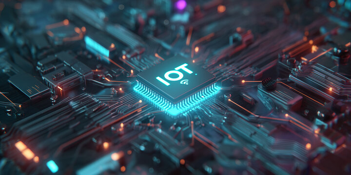 A central IoT chip glowing on a motherboard, symbolizing how artificial intelligence and machine learning enable smart, connected technologies.