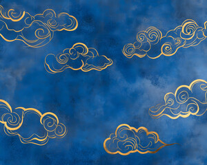 Golden Clouds on Deep Blue Sky: A mesmerizing composition showcasing elegant golden cloud outlines against a deep blue, evoking a sense of serenity and artistic expression.