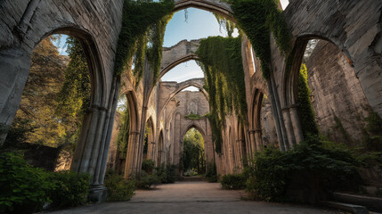 Ruined cathedral with vines, vines wrapping around tall stone pillars in dim light