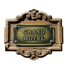 Ornate wooden sign with grand hotel text against transparent background
