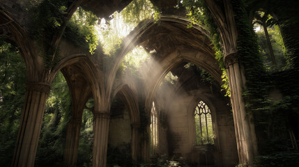 Ruined cathedral with vines, vines wrapping around tall stone pillars in dim light