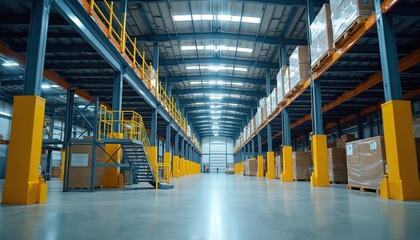 Inside warehouse with pallet racks, boxes. Empty industrial storage interior with metal shelves. Structural design of construction. Yellow safety railings. Mezzanine with secure stairs. Industrial