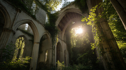 Ruined cathedral with vines, vines wrapping around tall stone pillars in dim light