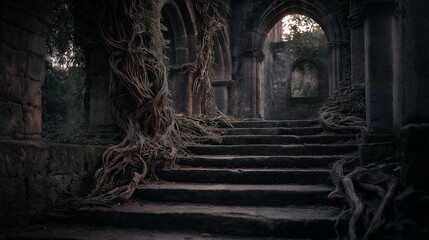 Ruined cathedral with vines, vines wrapping around tall stone pillars in dim light