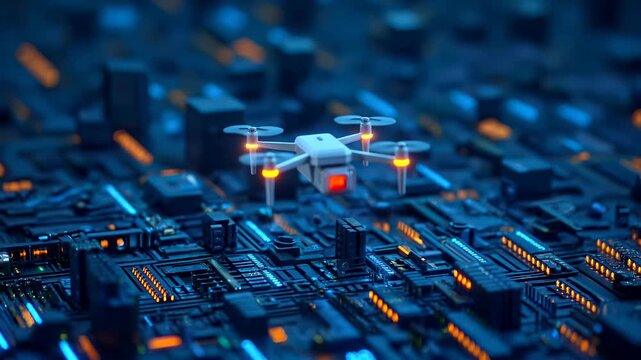 A futuristic drone hovers above a circuit board, showcasing advanced technology with glowing lights and intricate details.