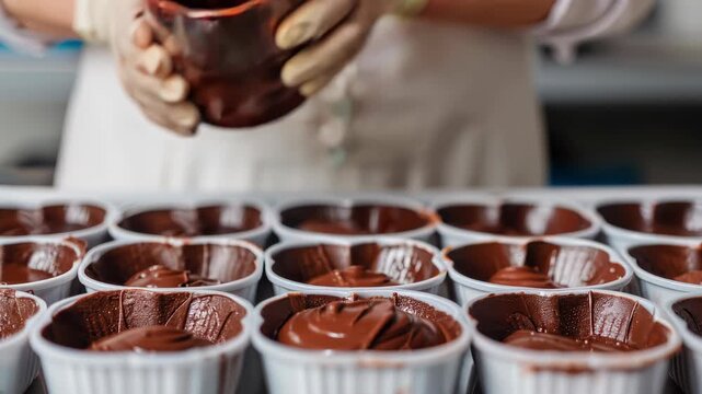 A person in gloves pours melted chocolate into white ramekins for dessert preparation in a kitchen setting.