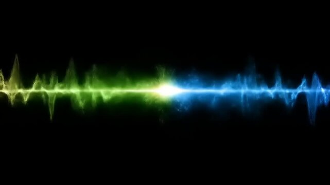Abstract image featuring an audio spectrum wave split into blue/green with a bright, central glow